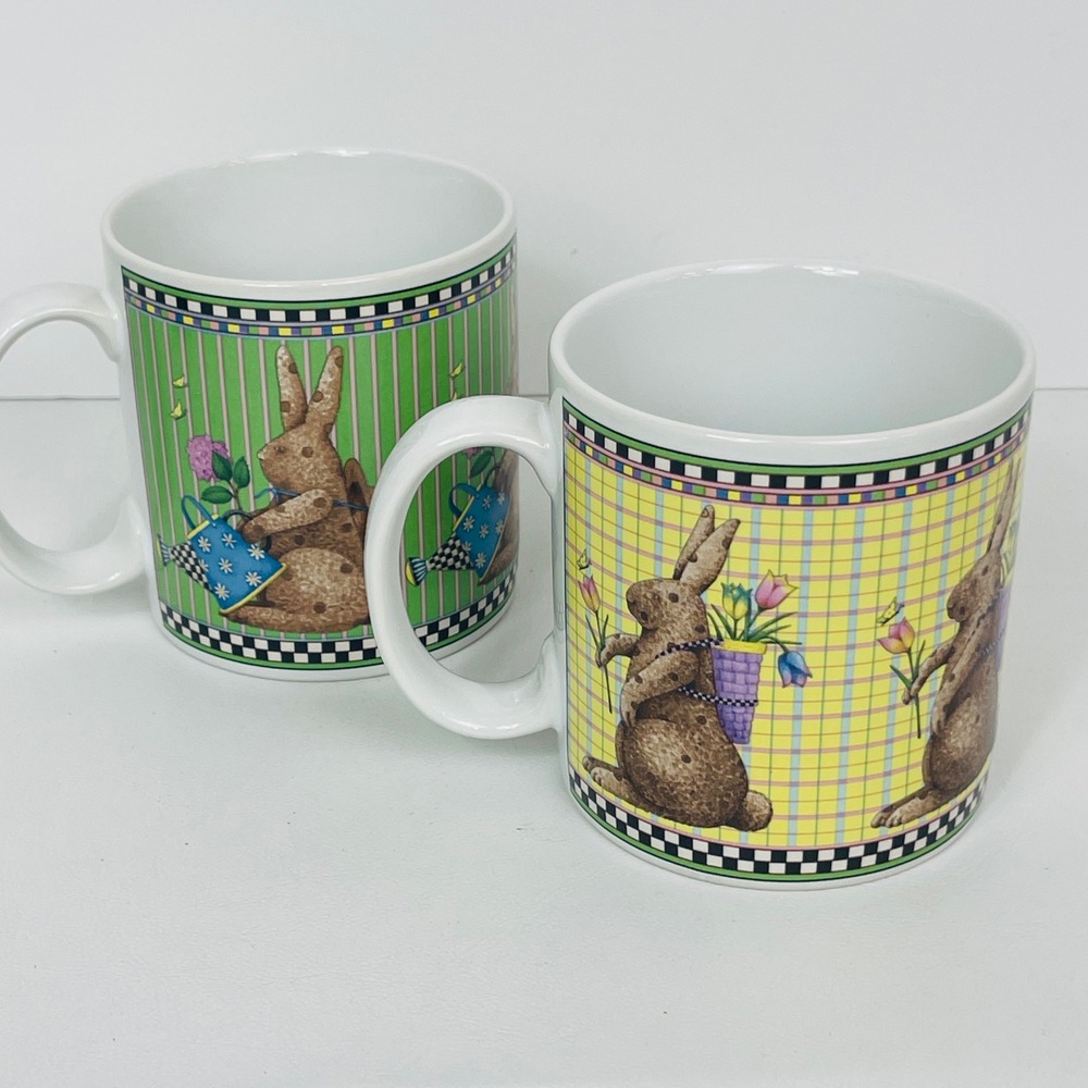 Sakura Coffee Mug Set 2 Debbie Mumm Easter Bunny Plaid Striped Vintage 1998 EX
